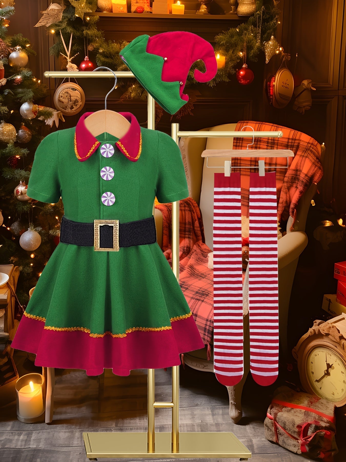 Outfit Magico da Elfo di Natale di Mila per Bambini - Include Abito, Cappello, Calzini e Cintura