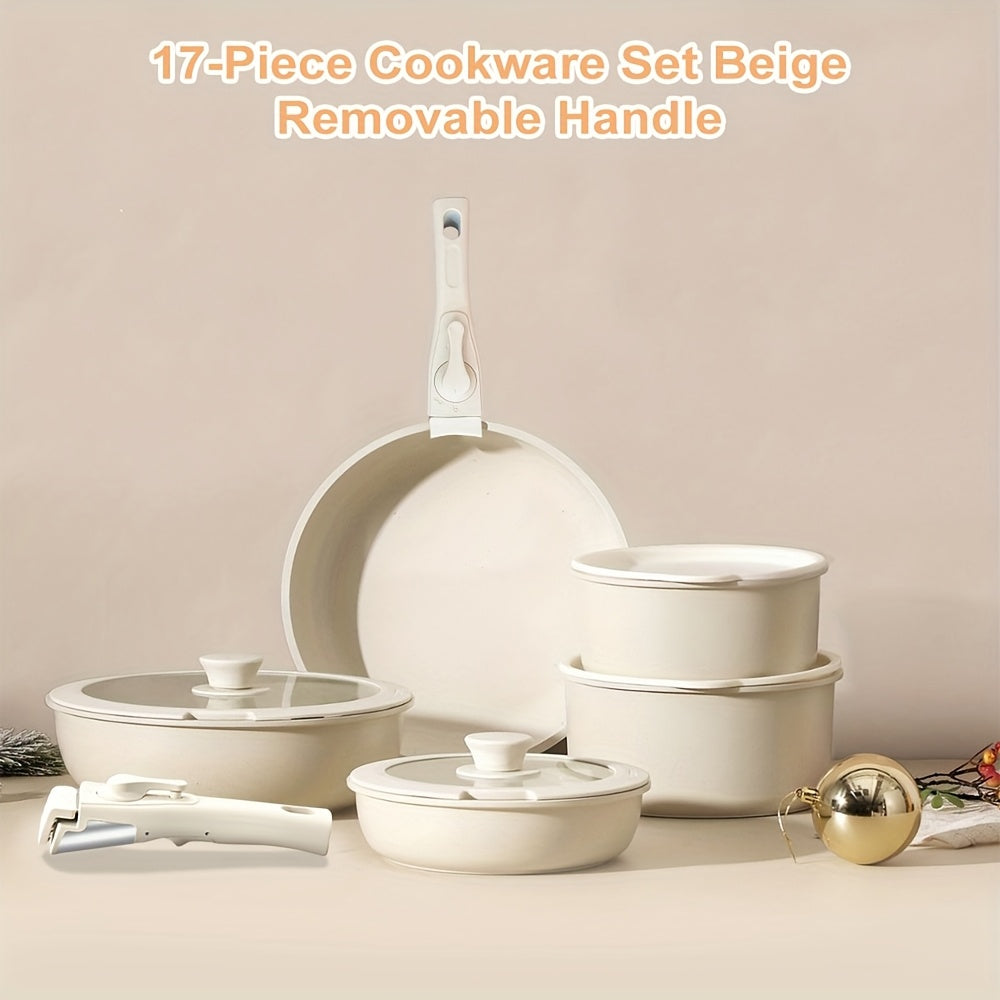 Set di Pentole in Ceramica da 17 Pezzi – Inclusi Manici Rimovibili e Pentola Frittrice Profonda