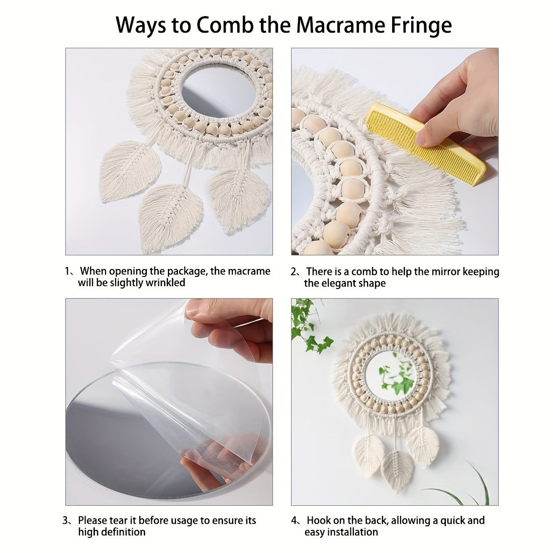 Specchio da Parete Boho in Macramè con Frange – Specchio Decorativo con Perline e Piume