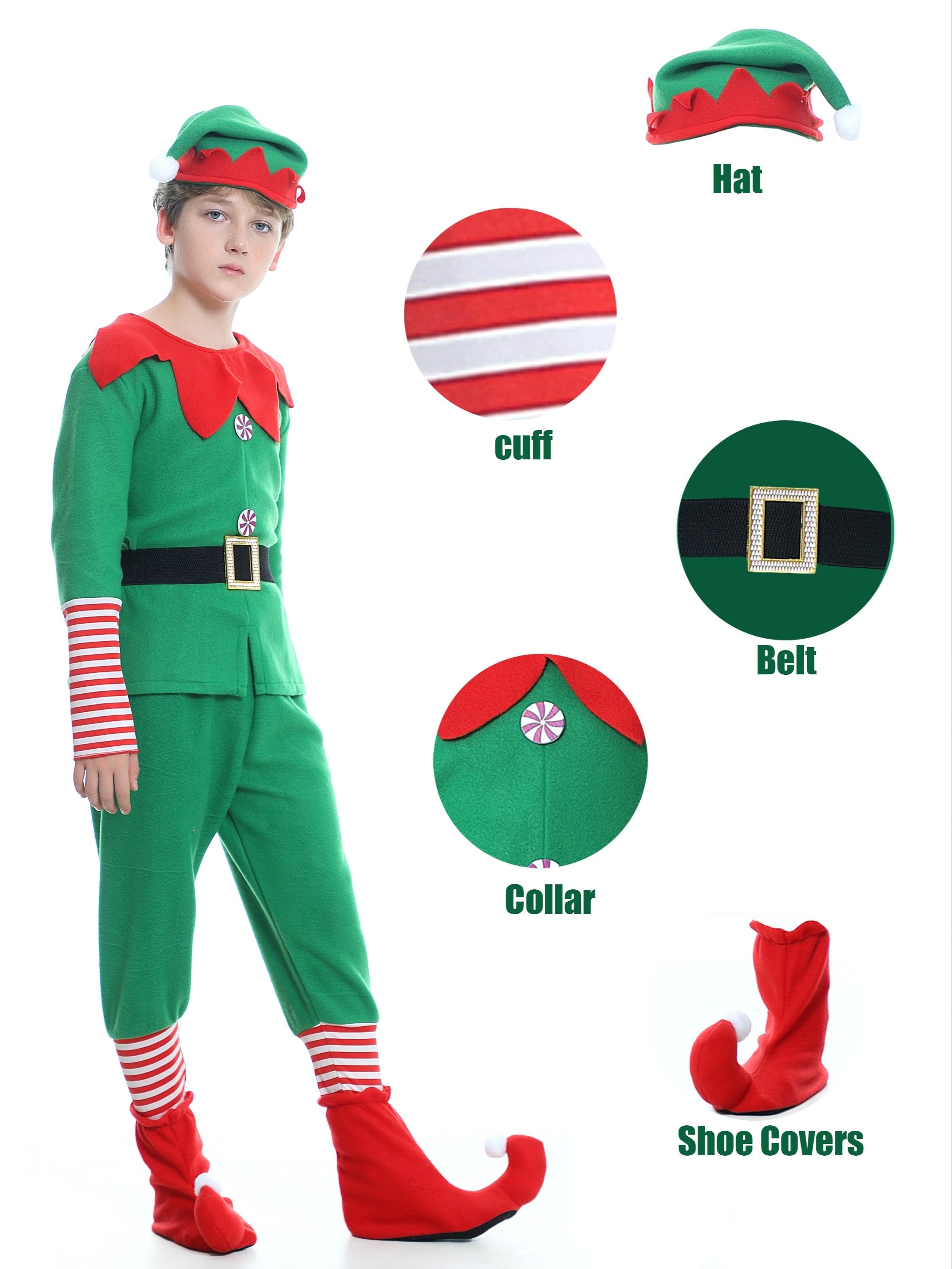 Divertente Costume da Elfo di Natale per Bambini - Completo di Cappello, Maglietta, Pantaloni e Copriscarpe