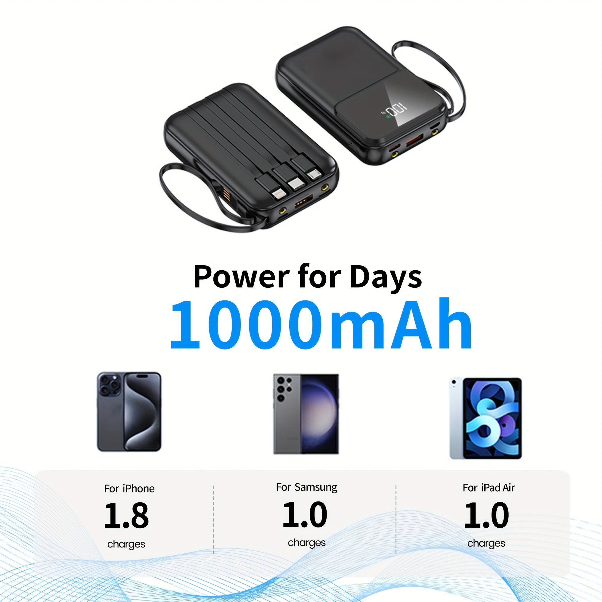 Powerbank Portatile Ultimativa 10000mAh - Ricarica Rapida con Cavi Integrati