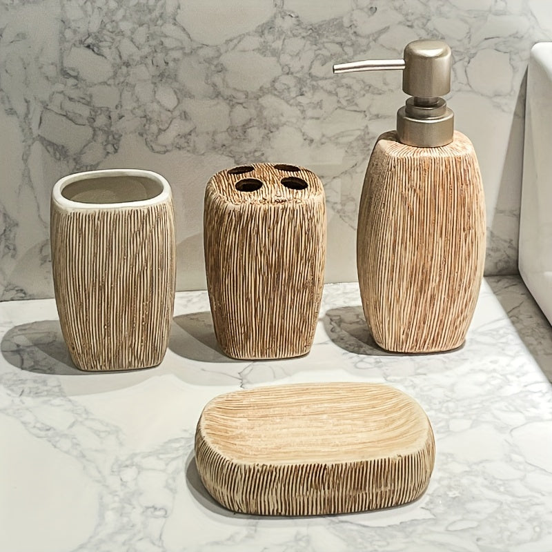 Set da Bagno in Ceramica Stile Venatura Legno – Accessori di Lusso per un Tocco Naturale nel Tuo Bagno