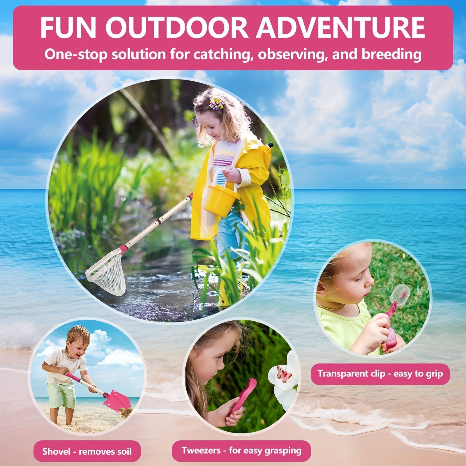 Set da Spiaggia per Bambini – Completo di Secchiello Pieghevole, Paletta e Rete per Esplorazione all'Aperto