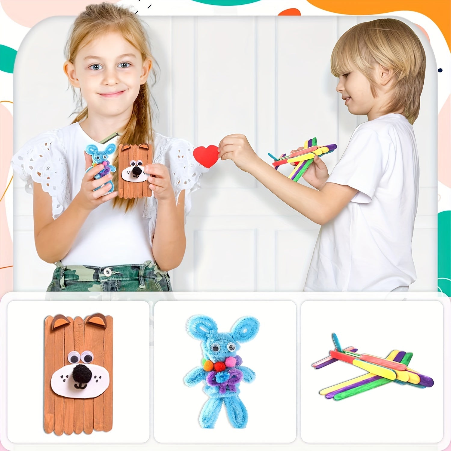 Set Completo di Creatività per Bambini – Set Creativo con Adesivi, Bastoncini, Piume e Altro