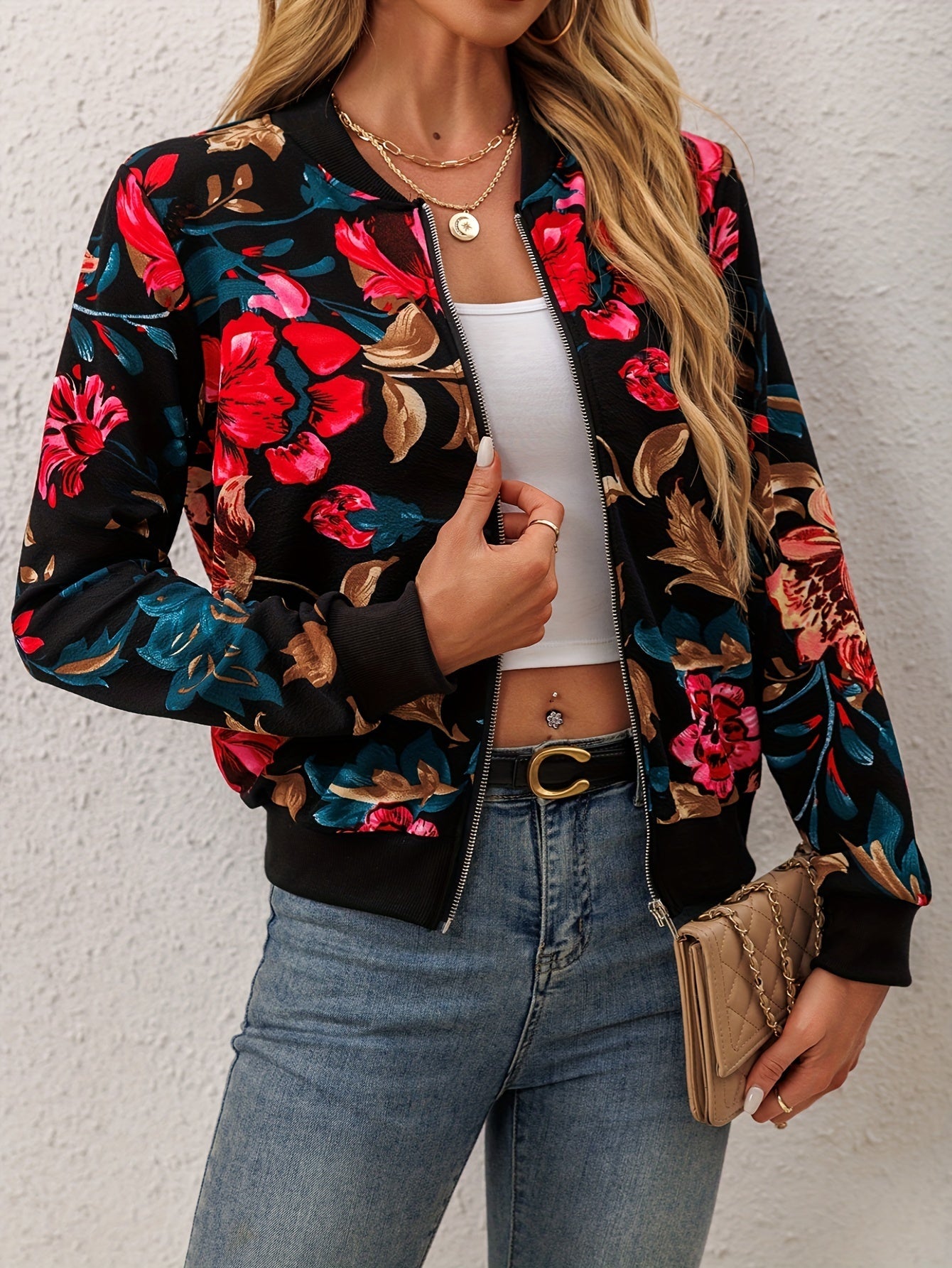 Elegante Giacca Bomber con Fiori – Trendy e Confortevole per Primavera e Autunno