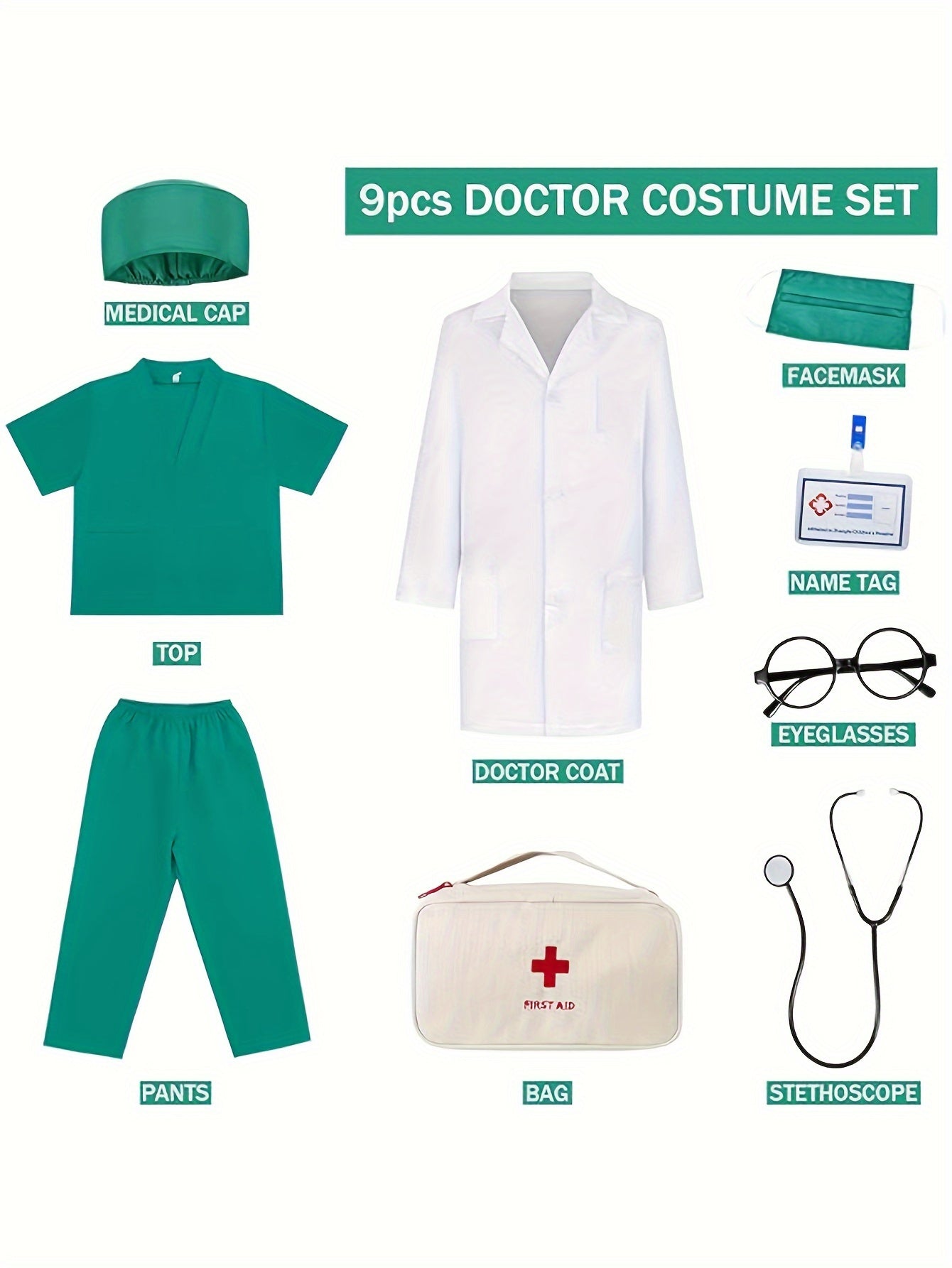 Set Costume da Dottore per Bambini – Set da 9 Pezzi con Stetoscopio e Borsa di Pronto Soccorso
