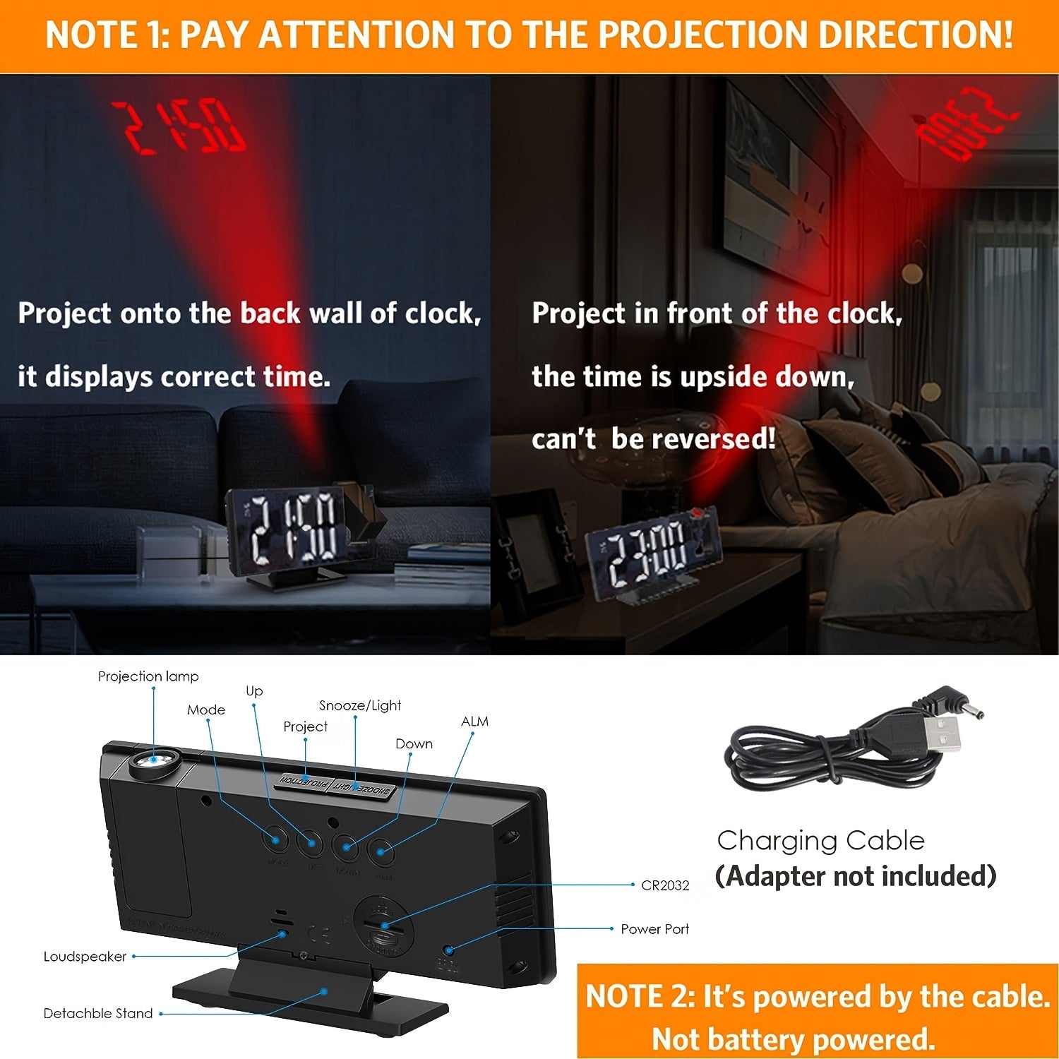 Orologio Proiettore LED con Proiezione Regolabile a 180° – Display Chiaro e Funzione Snooze per Camera da Letto o Ufficio