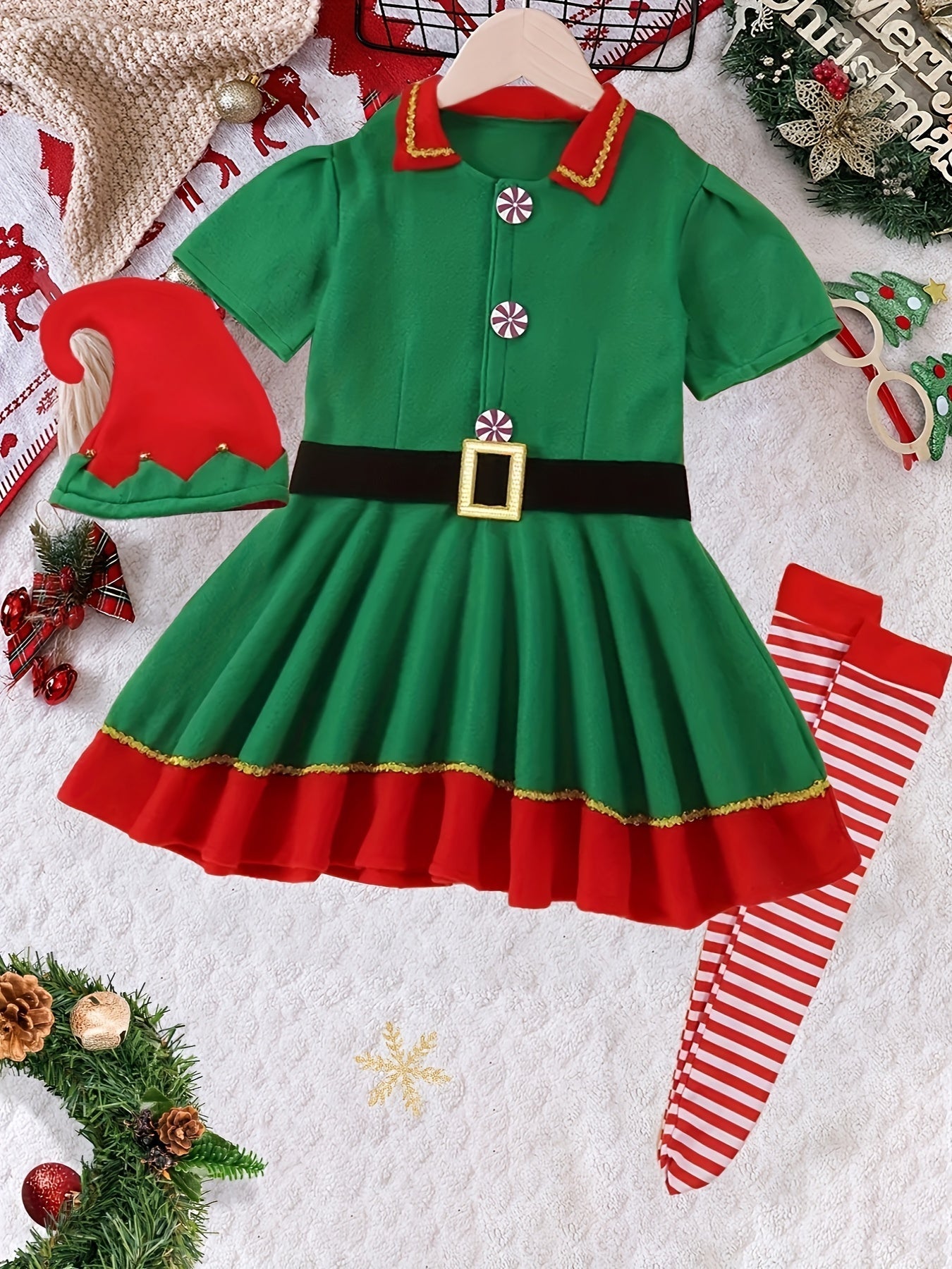 Outfit Magico da Elfo di Natale di Mila per Bambini - Include Abito, Cappello, Calzini e Cintura