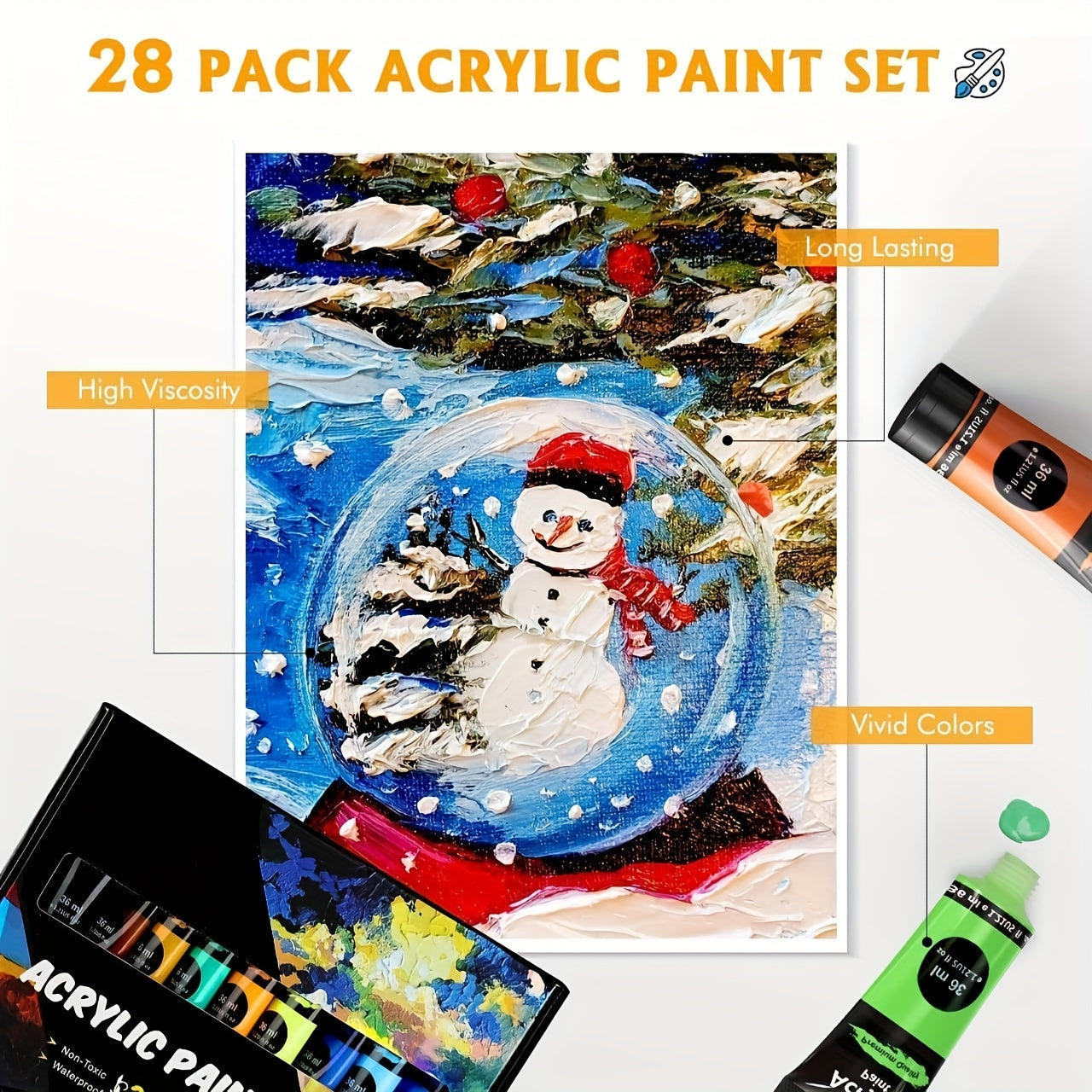 Set di Vernice Acrilica – 28 Pezzi, Inclusi 18 Colori di Vernice Acrilica e 10 Pennelli