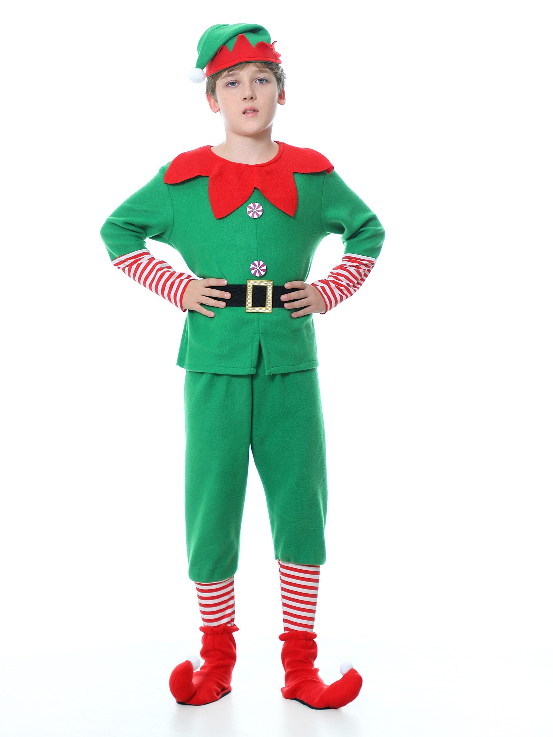 Divertente Costume da Elfo di Natale per Bambini - Completo di Cappello, Maglietta, Pantaloni e Copriscarpe