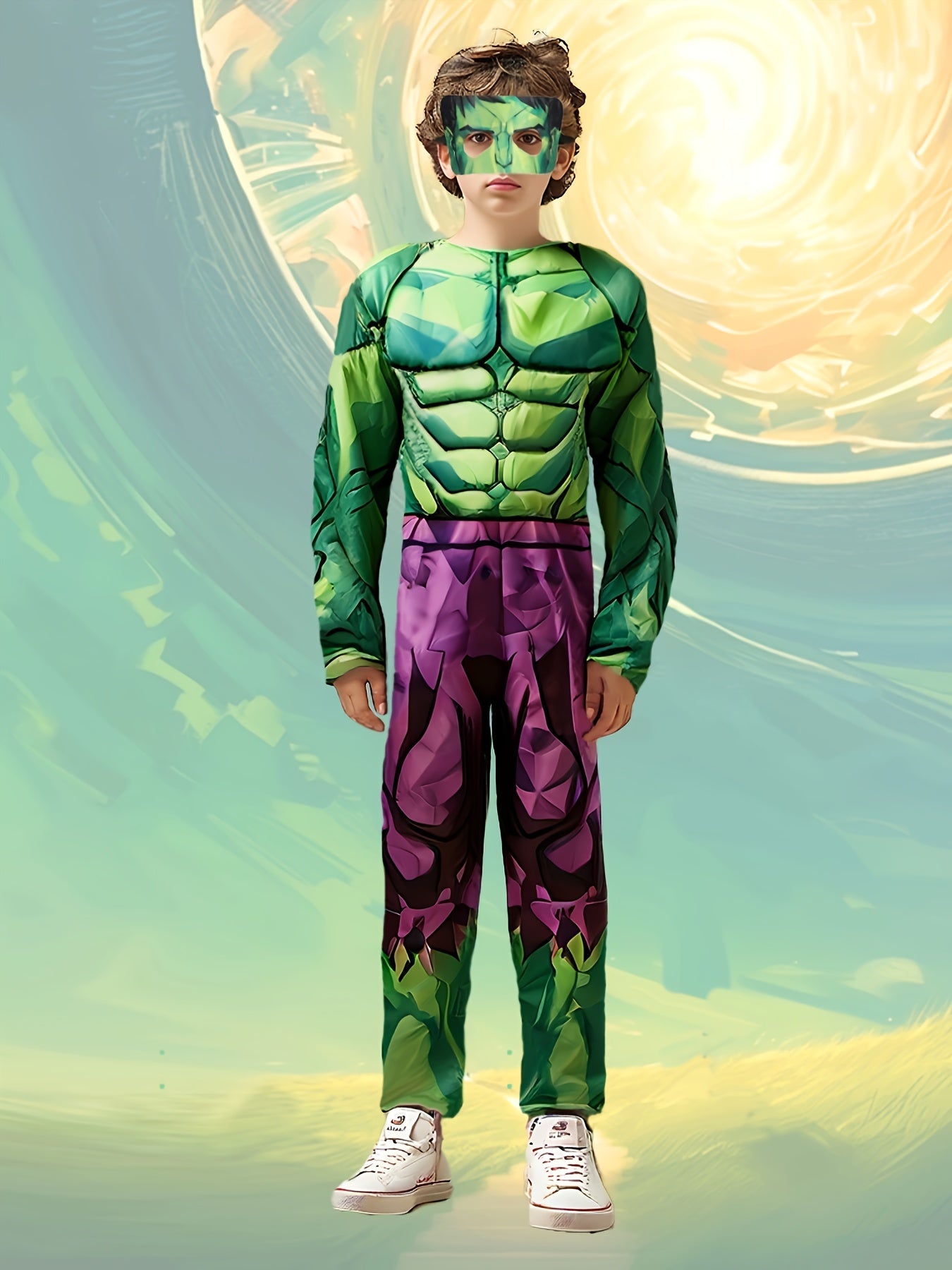 Costume da Supereroe per Bambini – Tuta Verde con Design Muscolare e Maschera