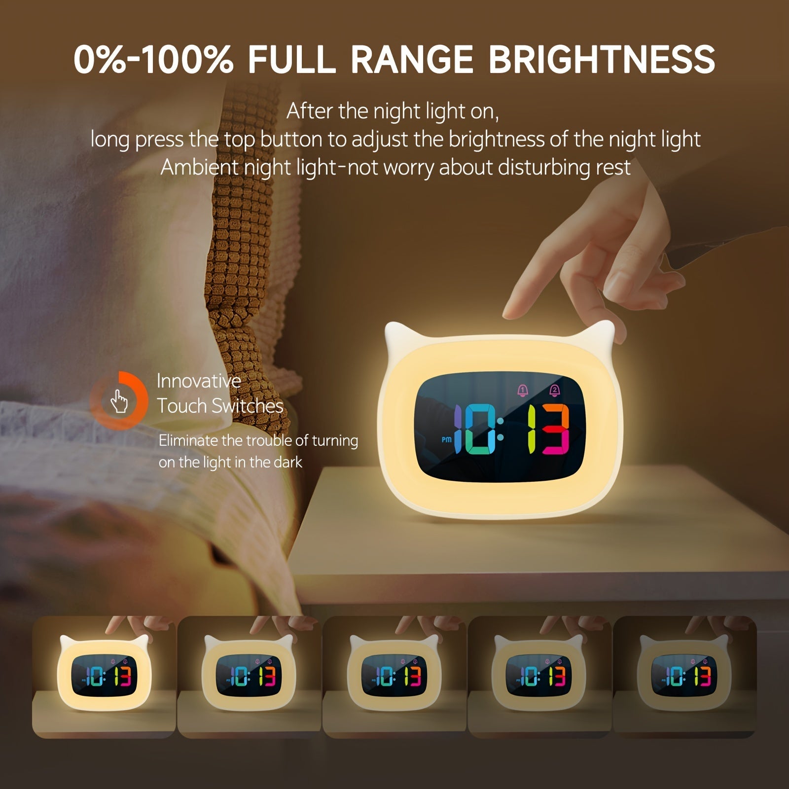 Sveglia con Orecchie da Gatto – Lampada Notturna RGB con 18 Melodie e Ricaricabile USB