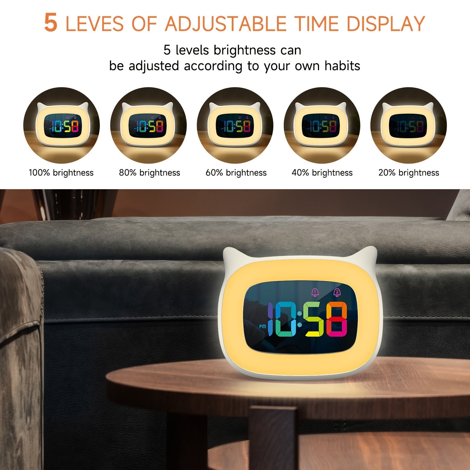 Sveglia con Orecchie da Gatto – Lampada Notturna RGB con 18 Melodie e Ricaricabile USB